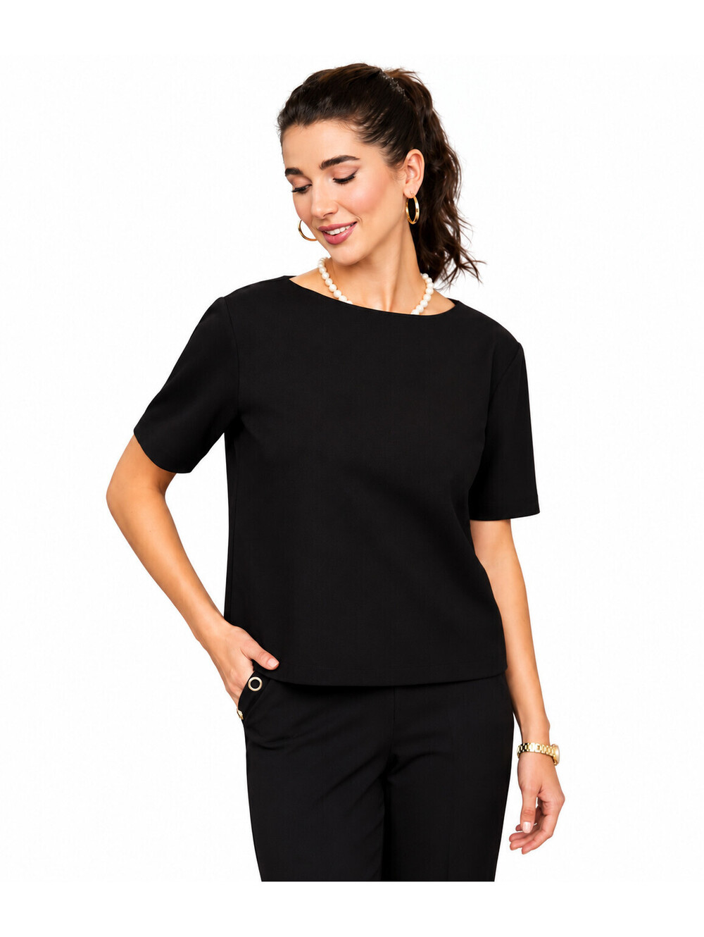 Isaac Mizrahi Live! Sublime Stretch Ponte Elbow Sleeve Boat Top Pitch Black, 2X